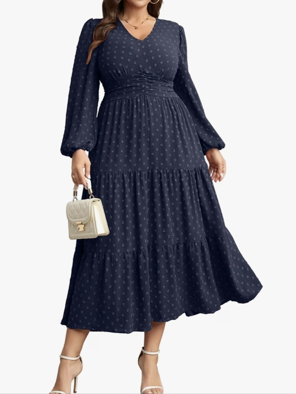 Plus Size Navy Long Sleeve V-Neck Tiered Maxi Dress